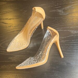 Cushionaire Tan and Clear Studded Heels